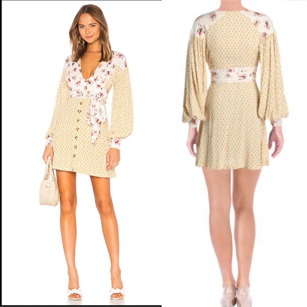 Floral Trim Yellow Mini Wrap Dress